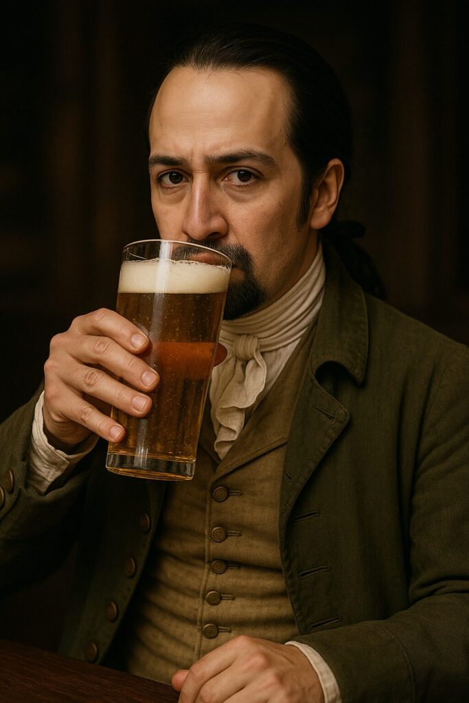 Hamilton drinking a glass of beer
