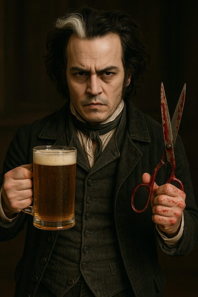 Sweeney Todd drinking a beer
