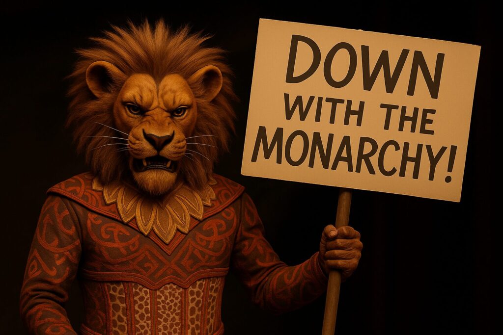 Scar holding "Down with the Monarchy" sign